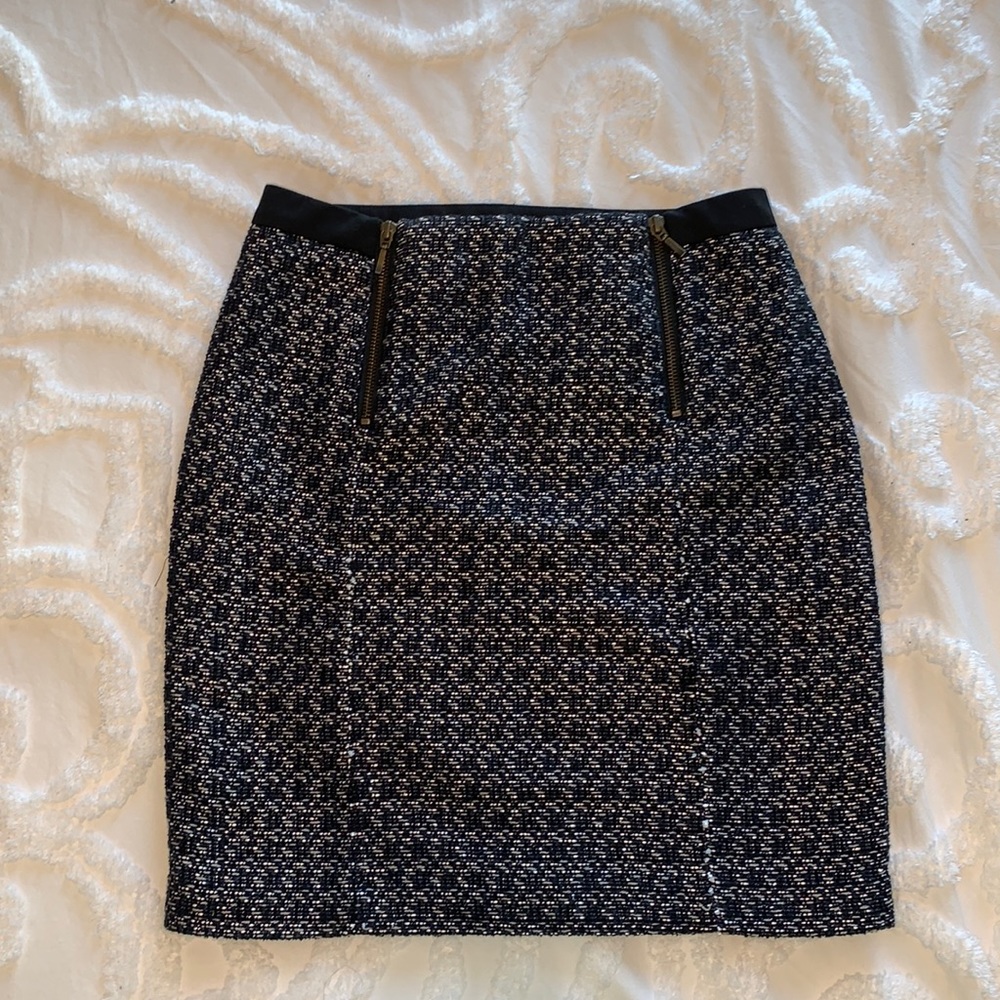 Pencil Skirt with Patterned Weave and Decorative Zippers